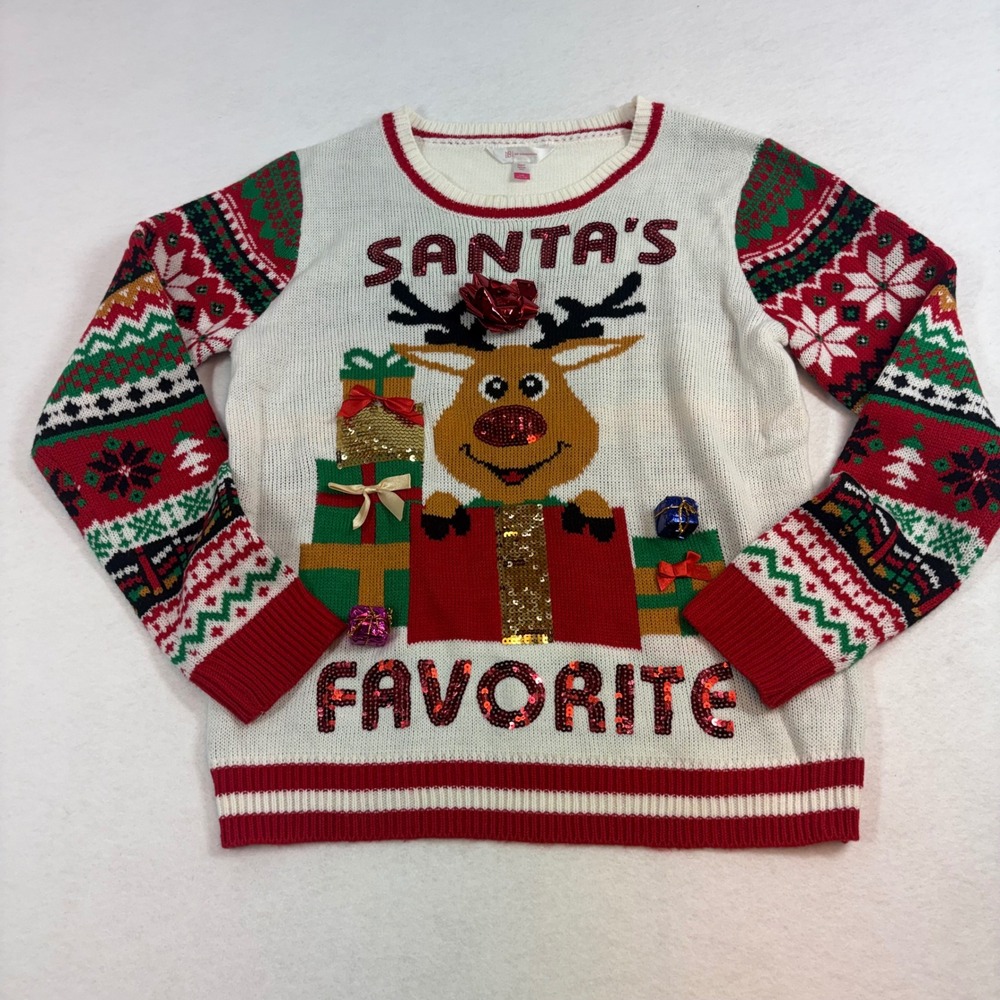Ugly Christmas Sweater Womens Large White Reindeer Santas Favorite Sequin 3D